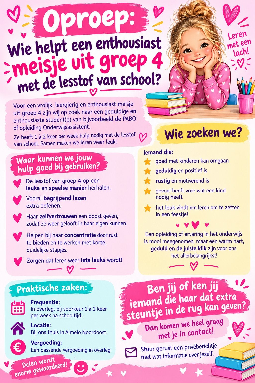 Wie helpt een enthousiast meisje uit groep 4 met de lesstof?, Overige vormen, Geschikt als bijbaan