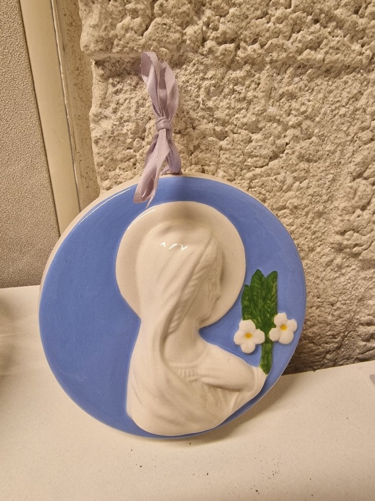 Vintage Italiaanse Della Robbia stijl Madonna Wandplaquette, Ophalen of Verzenden