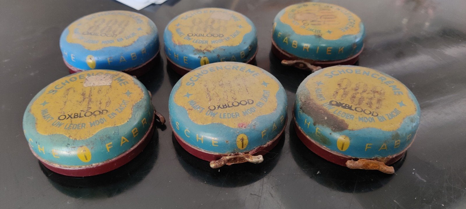 Vintage Oxblood Schoencreme Blikjes - Set van 6, Verzamelen, Ophalen of Verzenden, Gebruikt