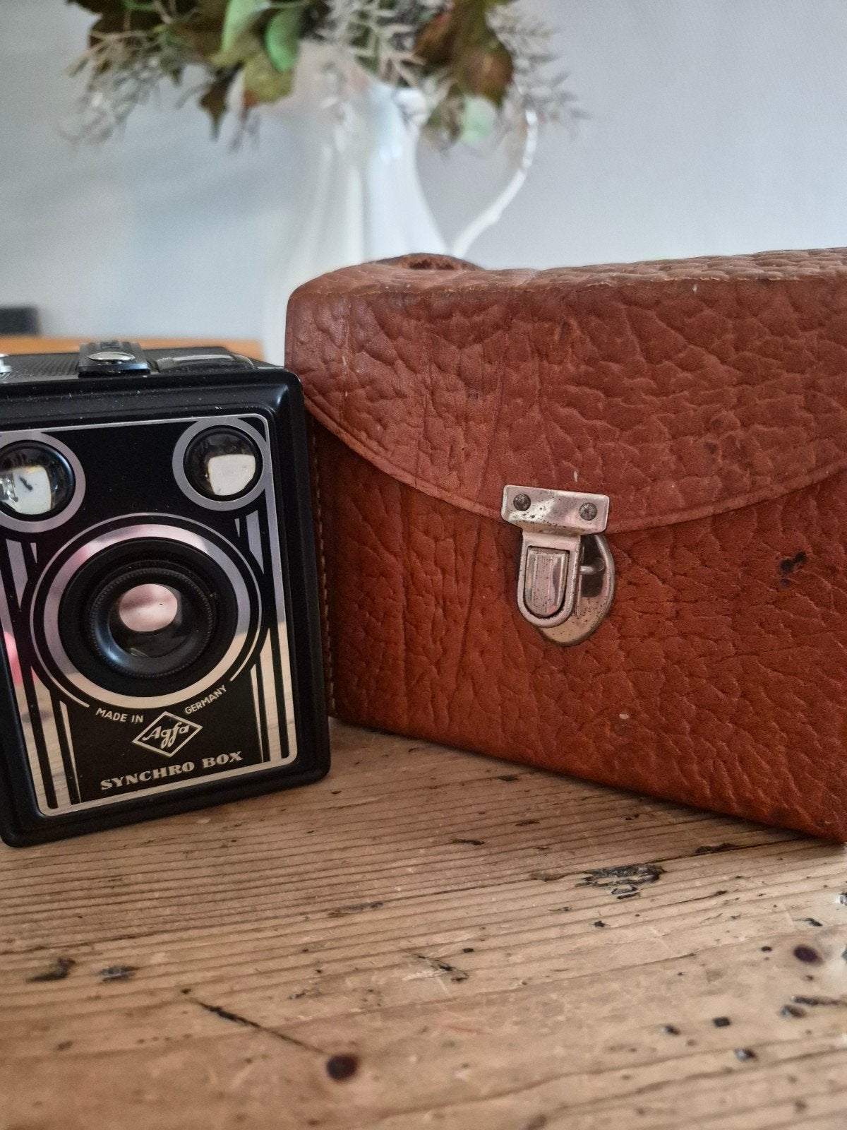 Vintage Agfa Synchro Box camera met leren tas, Ophalen of Verzenden