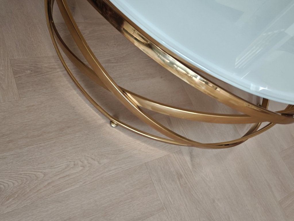 Luxe ronde design salontafel – Goud met wit blad, Huis en Inrichting, Ophalen, Rond, Zo goed als nieuw, Glas