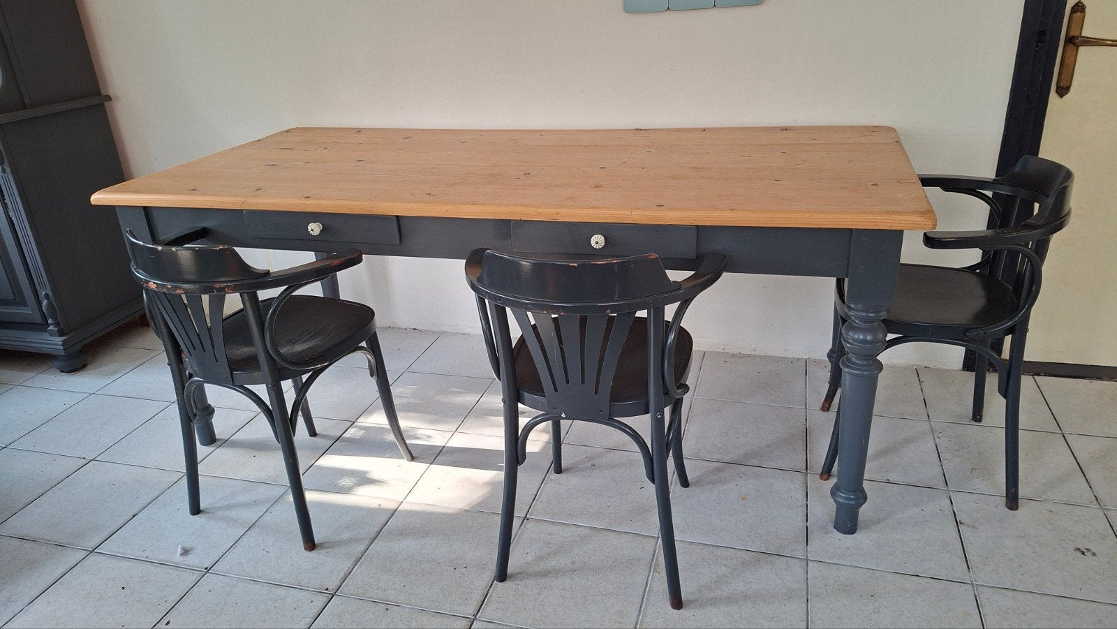Grenen eettafel met lades - Landelijke stijl, Ophalen, Gebruikt, 50 tot 100 cm, Vier personen
