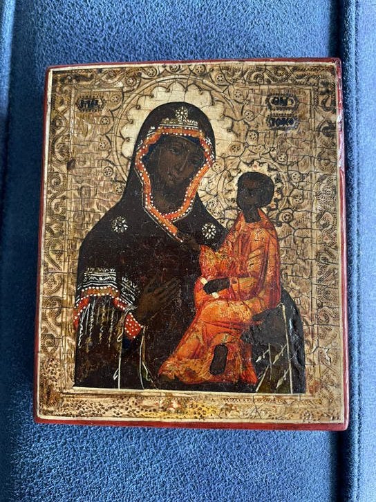 Kleine antieke russische icoon -Moeder Gods van Tichvin-, Antiek en Kunst, Antiek | Religie, Ophalen of Verzenden