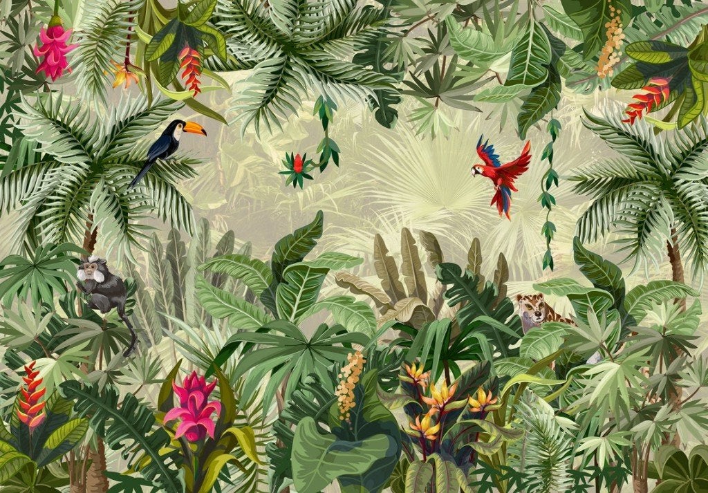 Into the Jungle behang kinderkamer, 368x254 | Muurdeco4kids, Huis en Inrichting, Verzenden, Fotobehang