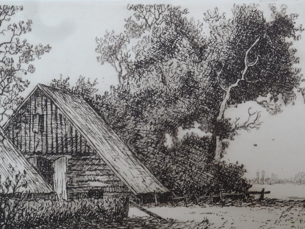 Fraaie ets titel Op t land, CM van der Woerd, 1901-1994, Antiek en Kunst, Architectuur, Origineel, 1950 - 1999, Verzenden