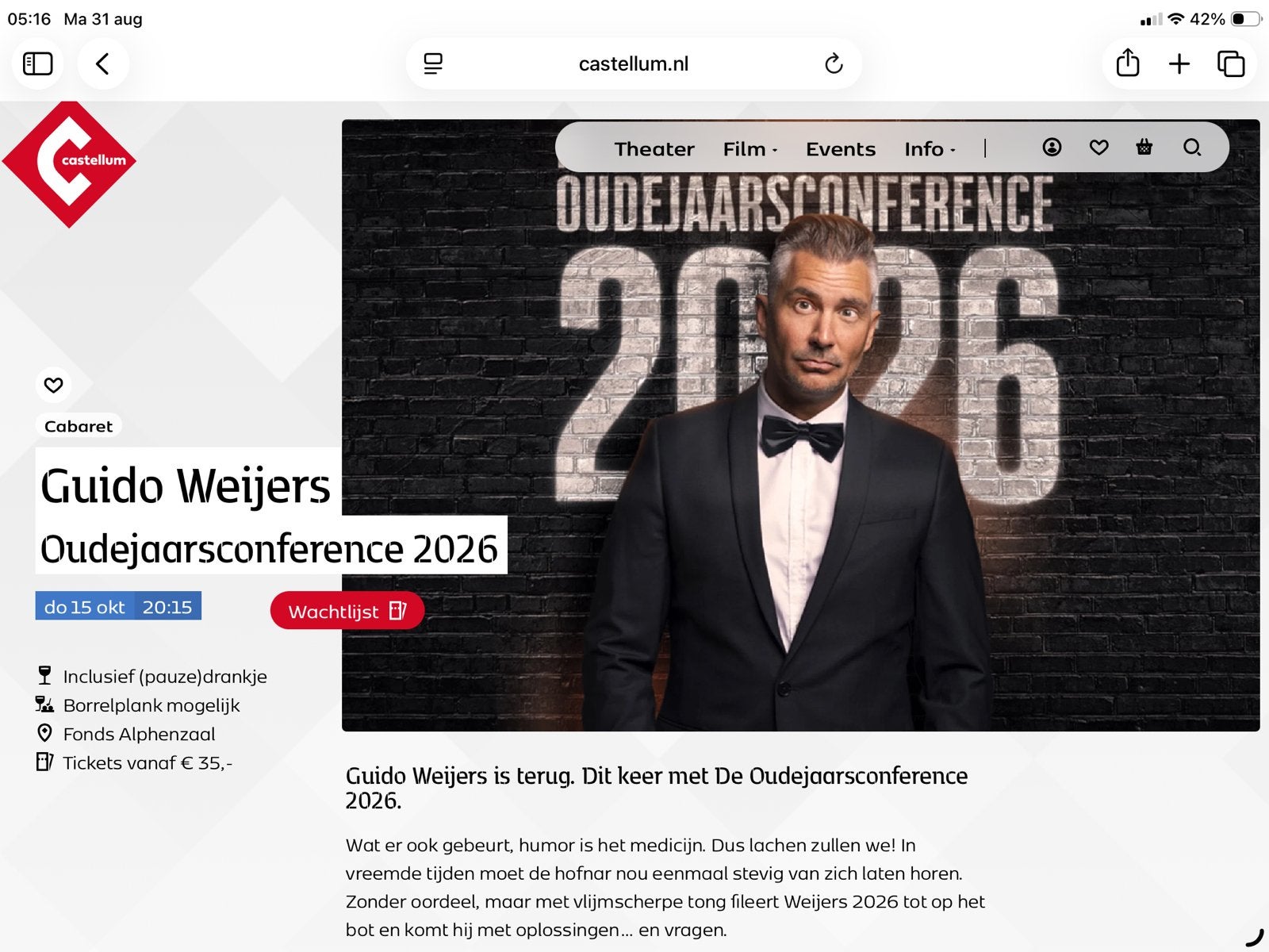 Guido Weijers kaartjes 15 oktober, Twee personen, Oktober