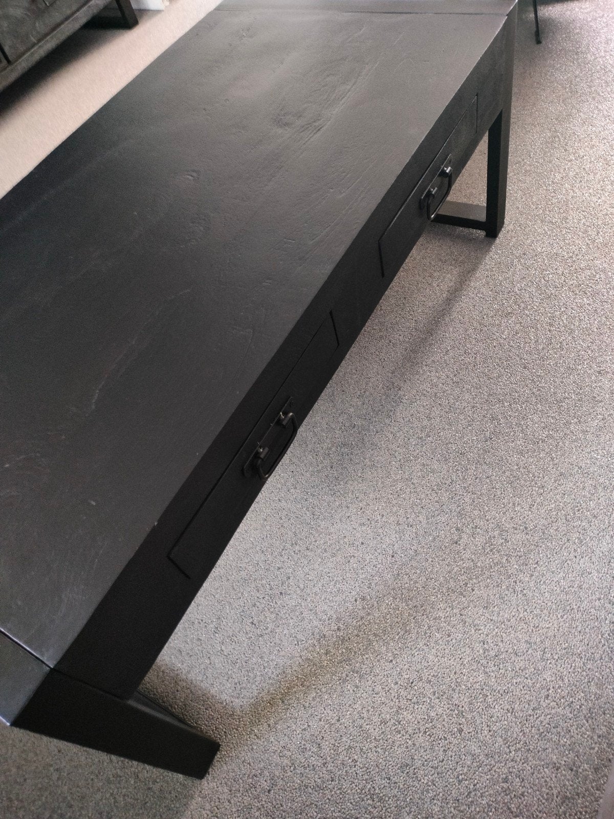 Salontafel mangohout zwart met stalen poten en 2 lades, Huis en Inrichting, Tafels | Salontafels, Gebruikt, 100 tot 150 cm, Industrieel, Modern