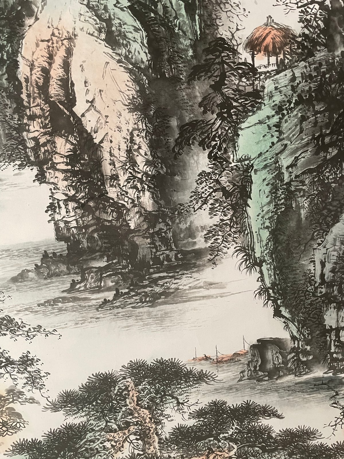 Chinees Landschap Schilderij - Waterval en Bergen, Verzenden, Tekening, Klassiek, Papier