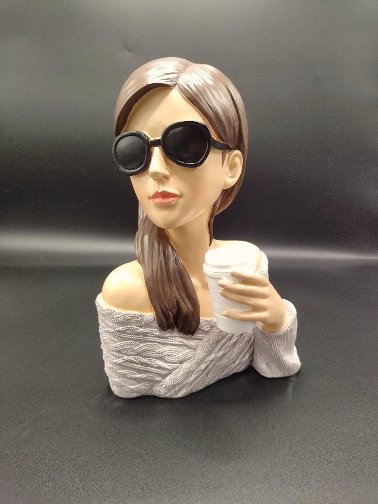 Beeld dame lady buste met koffie en zonnebril - NU DHL ACTIE, Ophalen of Verzenden, Buste, 20 - 50 cm, Vrouw