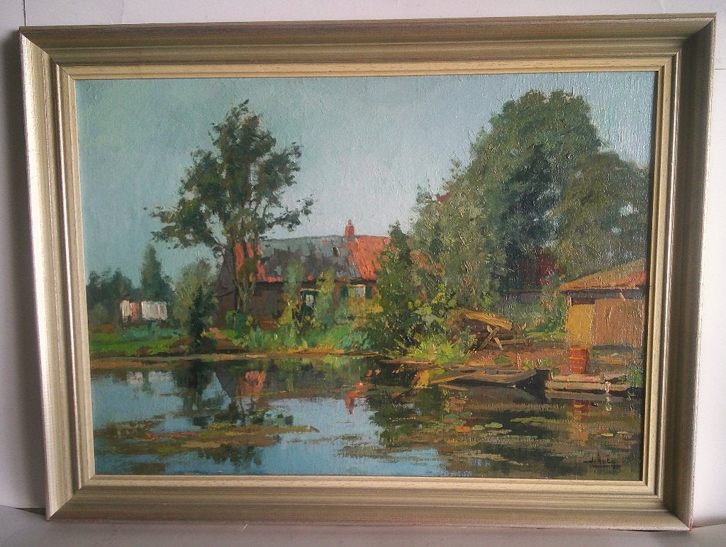 Boerderij aan watertje ca. 1950 - Jack Aué 1895-1970, Doek, Impressionistisch, Ophalen of Verzenden, Gesigneerd