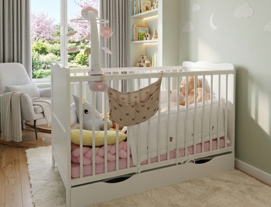 Mooi wit babybedje met matras en muziekmobiel, Kinderen en Baby's, Babywiegjes en Ledikanten, Ophalen of Verzenden, Zo goed als nieuw