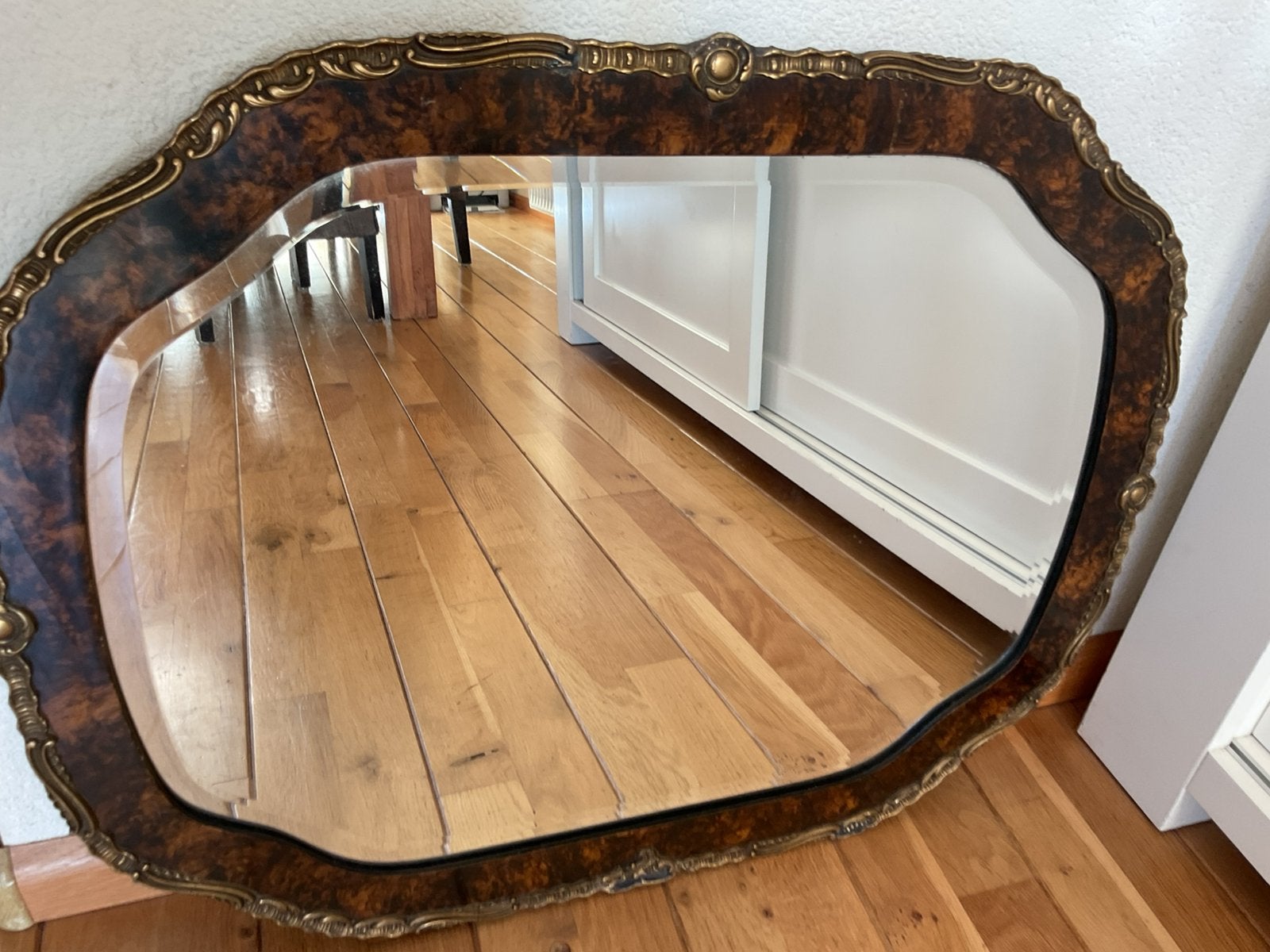 Faux Tortoise (imitatie schildpad) spiegel goud bruin facet, Antiek en Kunst, Ophalen, Rechthoekig, 50 tot 100 cm, Minder dan 100 cm