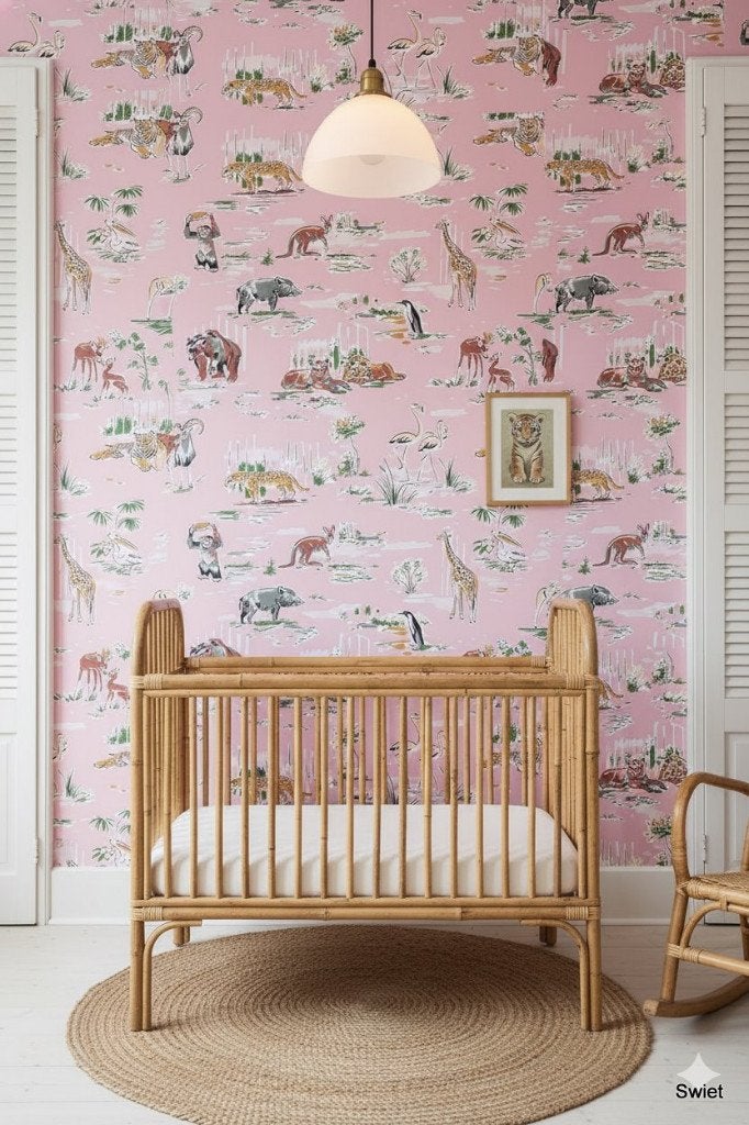 6875 roze dieren vintage behang speels fifties sfeer swiet, Huis en Inrichting, Ophalen of Verzenden, Roze