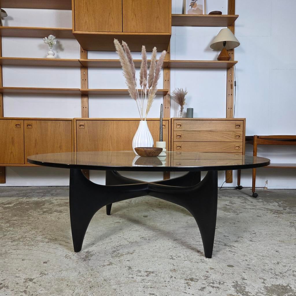 Vintage jaren 50-60 space age design salontafel glas en hout, Huis en Inrichting, Tafels | Salontafels, Ophalen, Gebruikt, Glas