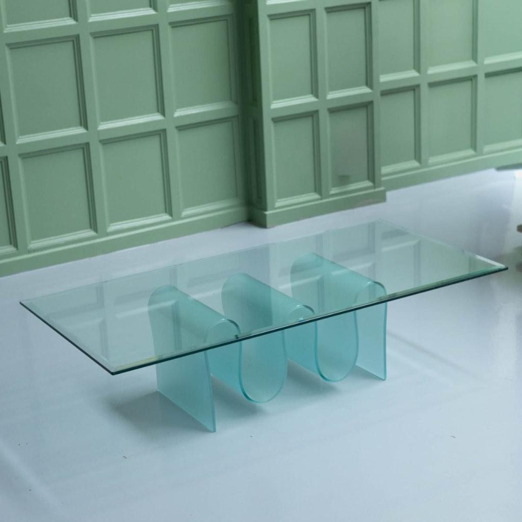 Vintage glazen salontafel WAVE, Huis en Inrichting, Tafels | Salontafels, Zo goed als nieuw, Minder dan 50 cm, 50 tot 100 cm, 100 tot 150 cm