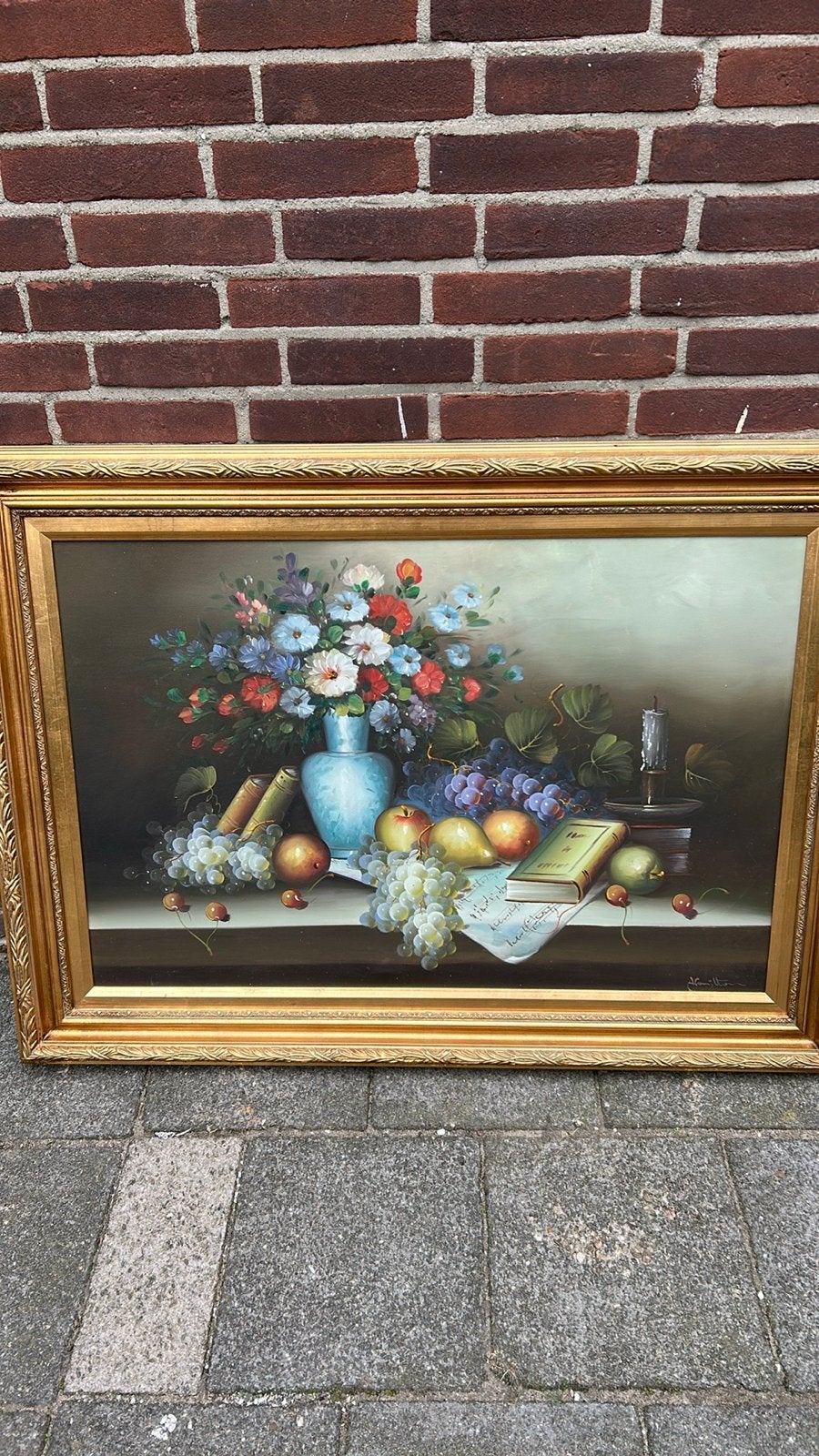 Schilderij Stilleven met Bloemen en Fruit, Ingelijst, Ophalen, Ingelijst, Stilleven, Doek