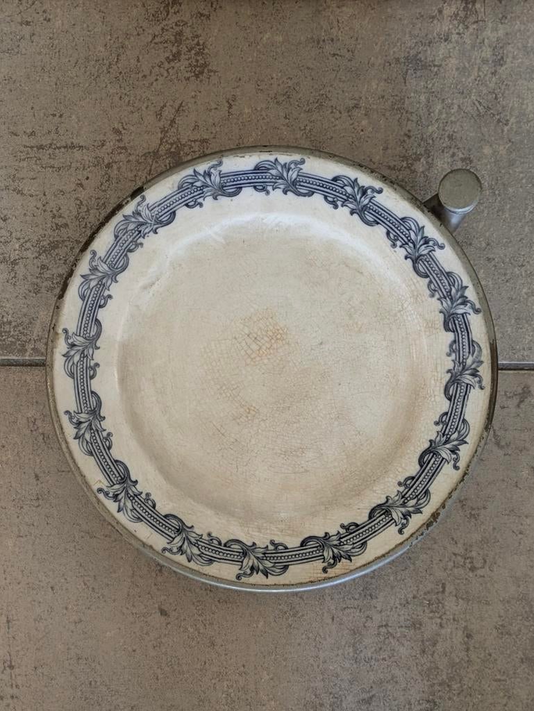 Antiek warmhoudbord / chauffe-plat met blauw decor, Ophalen of Verzenden
