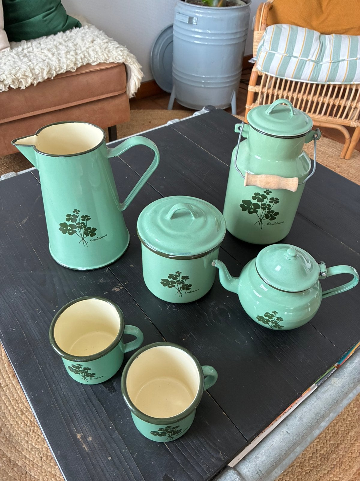 Emaille set groen jaren ‘70, Huis en Inrichting, Groen, Vintage, Overige materialen, Ophalen of Verzenden