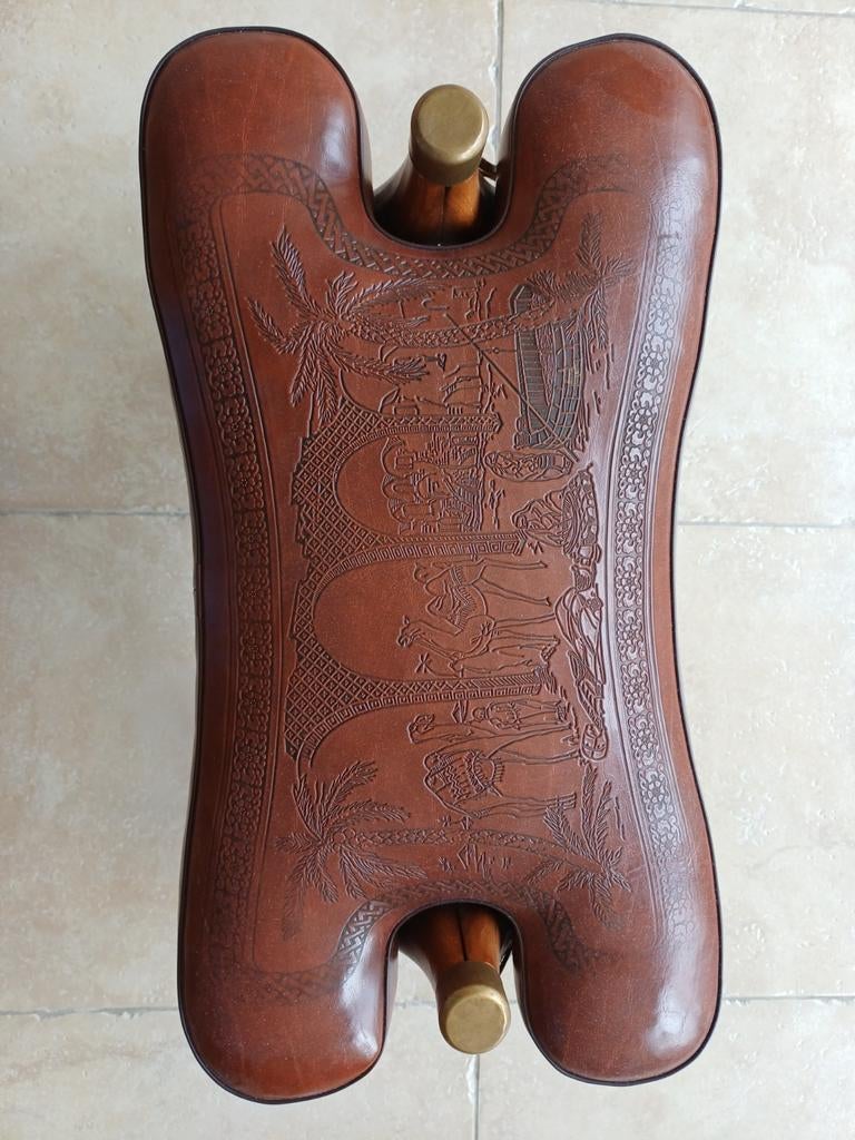 Vintage Marokkaanse Kameelzadel Kruk - Leer & Hout, Ophalen
