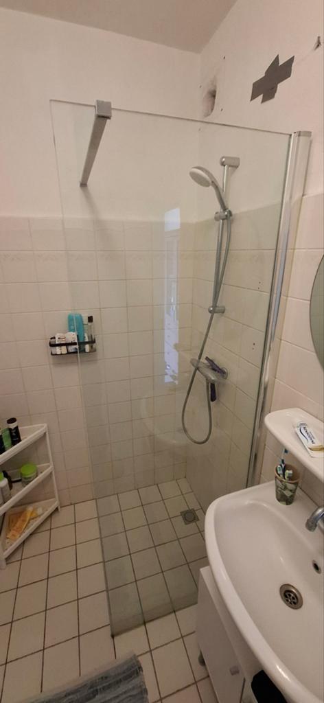 Douchewand 70x1 cm glas met stang 82 cm, Ophalen