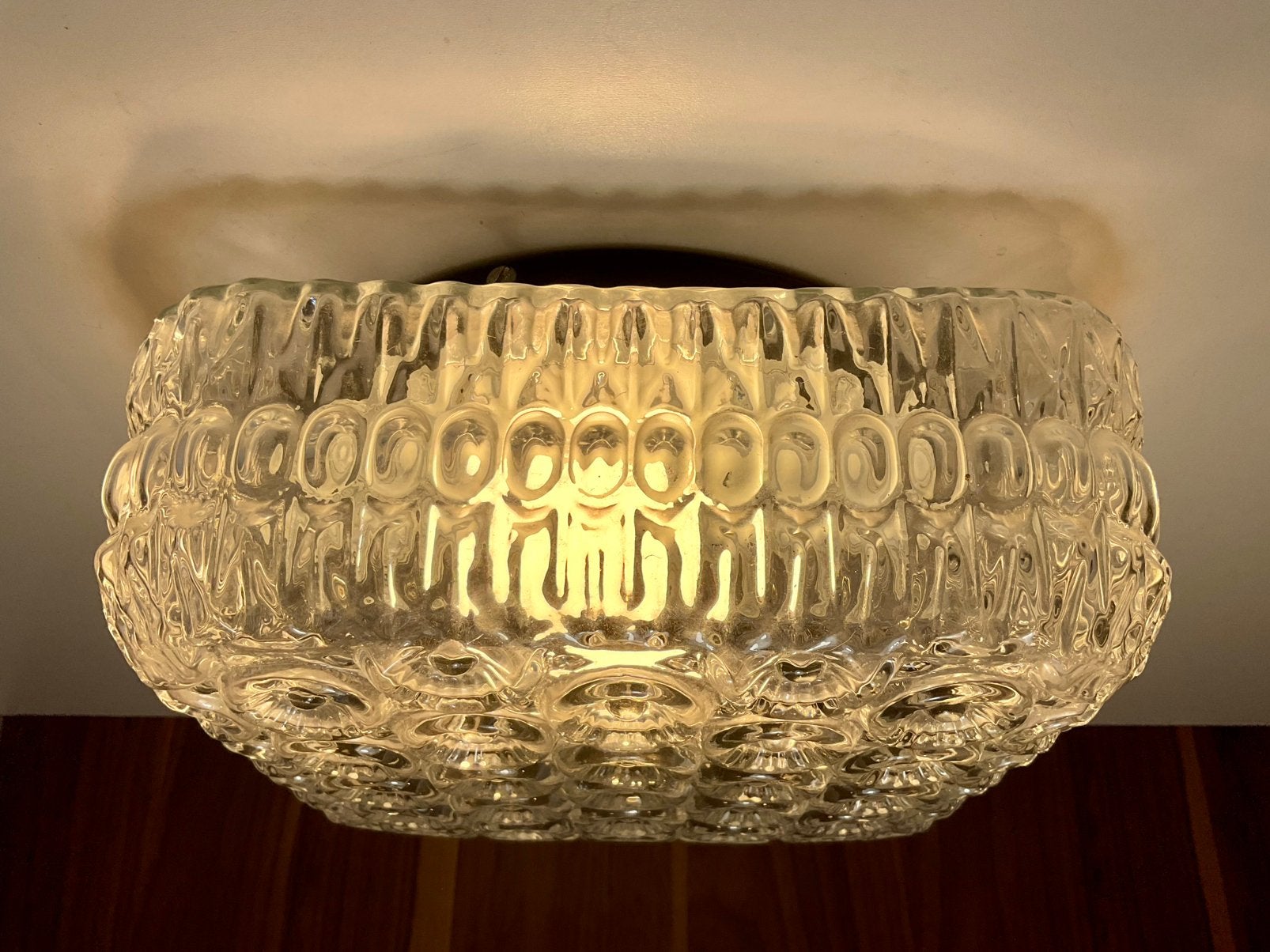 Plafondlamp vierkant (22 cm) bewerkt helder glas, Gebruikt, Glas, Plafondlamp, 22 cm