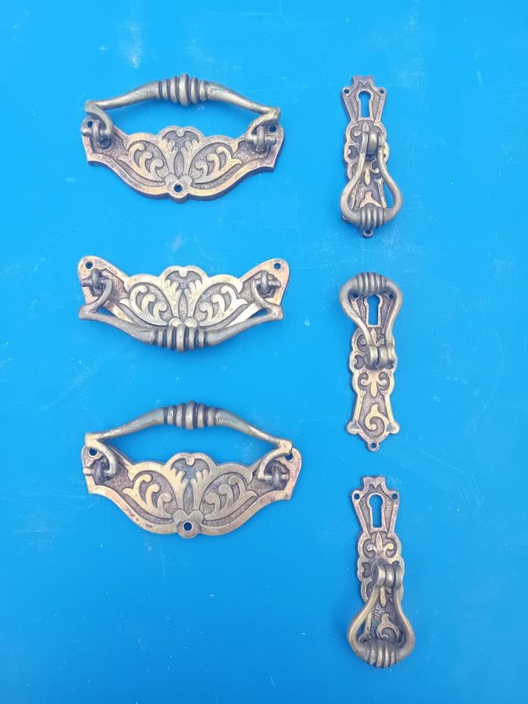 Antieke Messing Handgrepen en Sleutelplaten Set, Ophalen of Verzenden