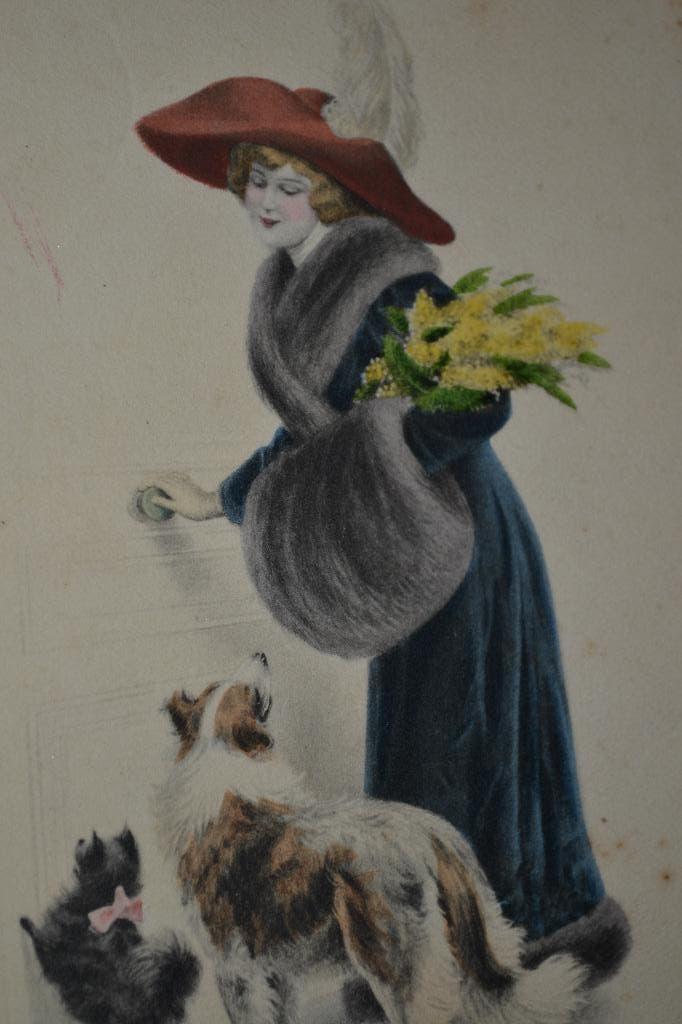 frankrijk 1910 vrouw hoed honden schotse collie, Ophalen of Verzenden, Voor 1920, Gelopen, Sterren en Beroemdheden