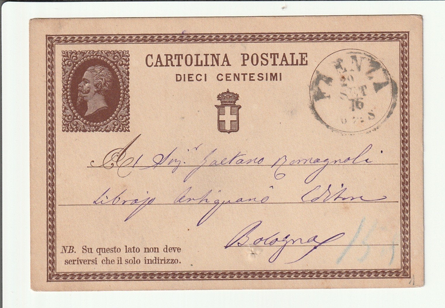 Oude Italiaanse briefkaart (Cartolina Postale) 1876, Ophalen of Verzenden, Briefkaart