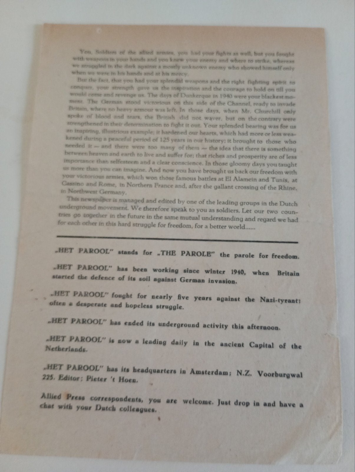 Het Parool special edition for Alied troops bevrijding., ., Ophalen of Verzenden, ., Nederland