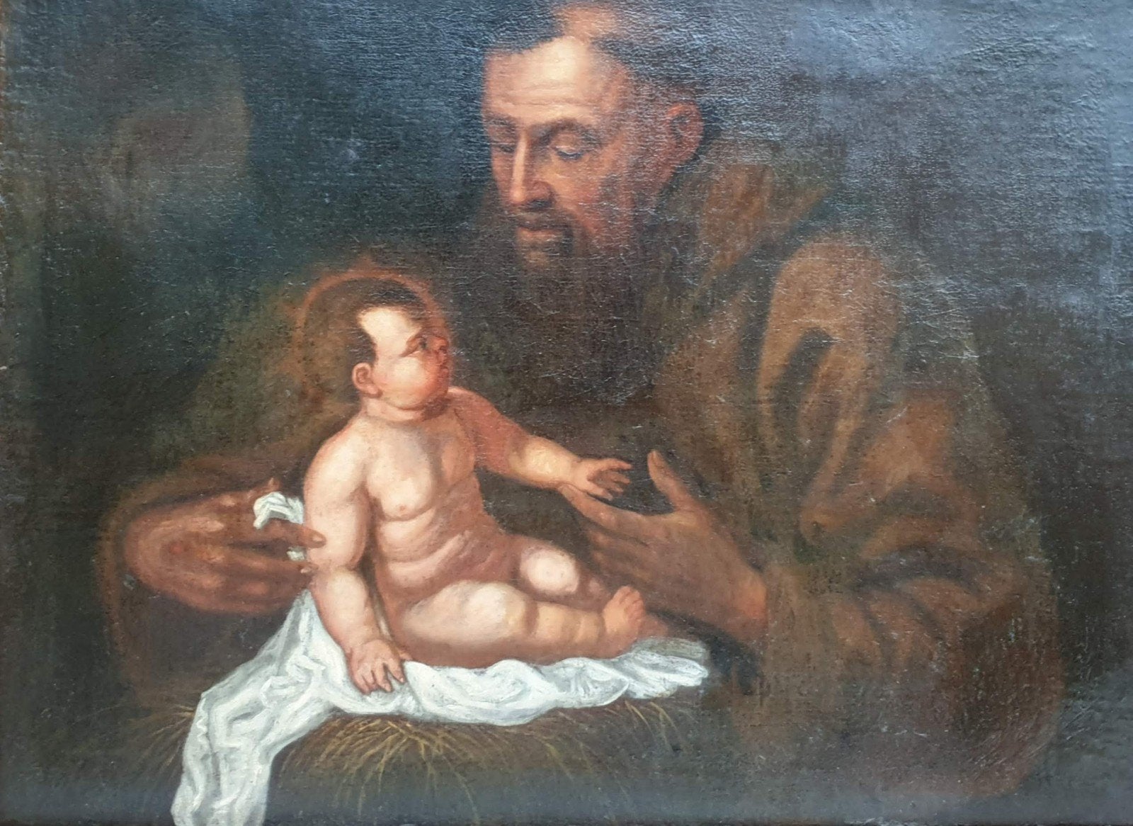 Middeleeuws schilderij: Franciscus met kind, 78x98 cm, Antiek en Kunst, Ophalen of Verzenden