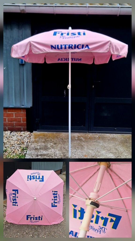 Vrolijke vintage reclame parasol, parasols, div. soorten🌞, Tuin en Terras, Parasols, Gebruikt, ., Ophalen of Verzenden, 1 tot 2 meter