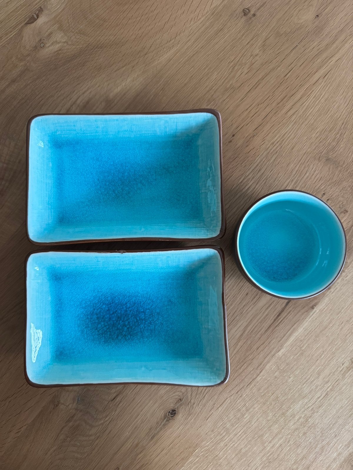 Serveren - 3 delige set turquoise geglazuurd keramiek, Ophalen of Verzenden, Zo goed als nieuw, Keramiek, Overige typen