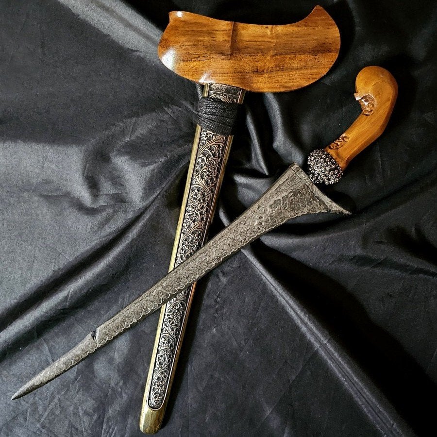Antieke Keris Kebo Kantong Pamor Jala Sutra Teakhout KNM45, Wapen, Indonesië, Meerkleurig, Handgemaakt