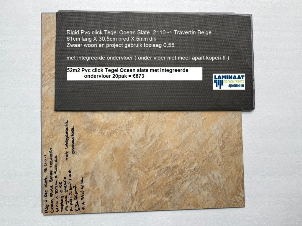 52m2 Pvc click Ocean slate + integreerde ondervloer =€673, Beige, Nieuw, Ophalen of Verzenden, Pvc click tegel traverti slate beige kleur