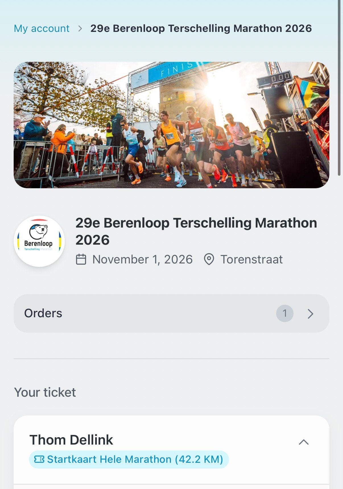 Ticket Berenloop Marathon Terschelling, Ophalen of Verzenden, Nieuw, Overige typen, Overige merken