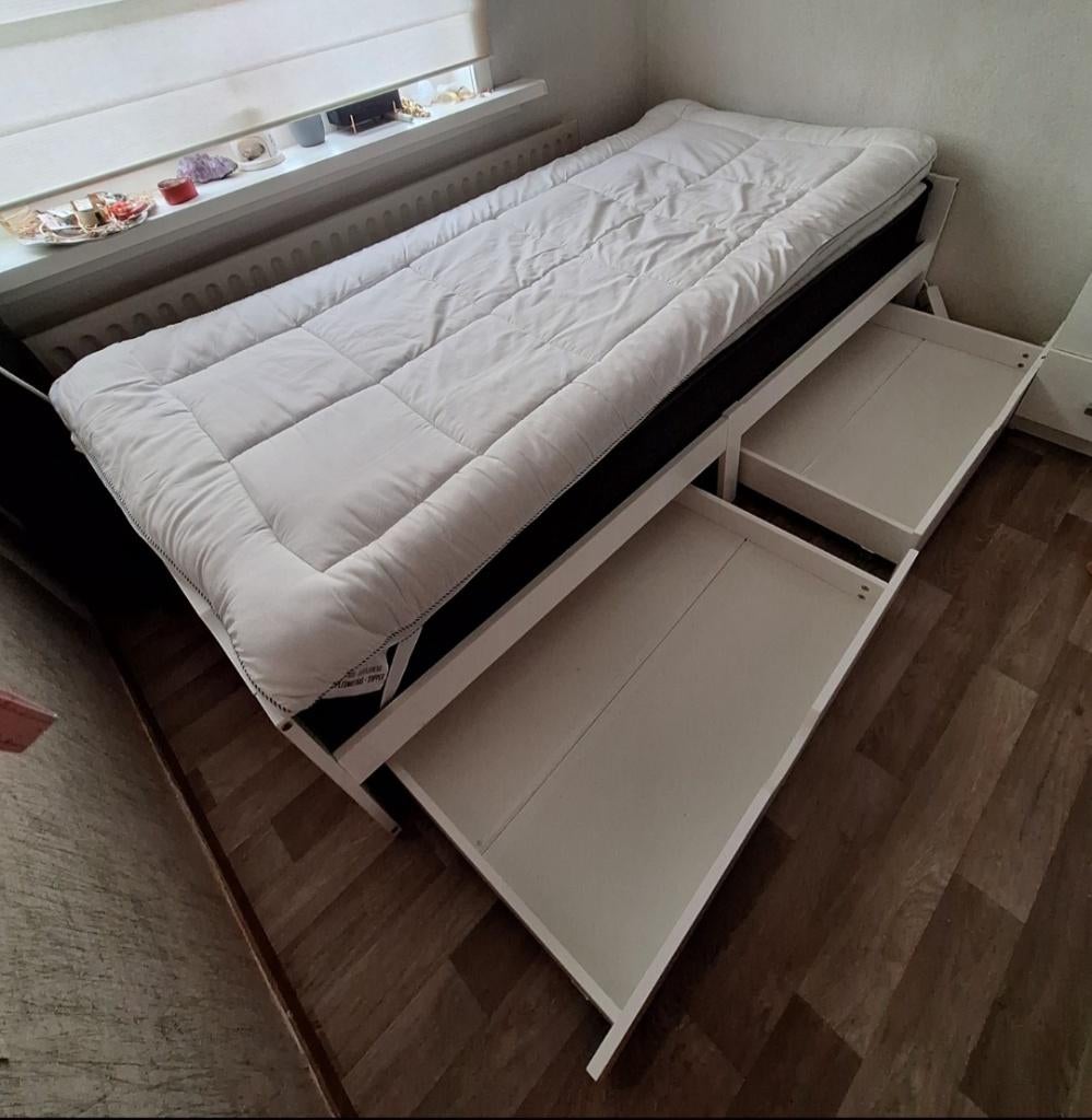 Eenpersoonsbed 90x200 met matras en topmatras + lades, Ophalen, Verstelbaar, 90 cm, Eenpersoons