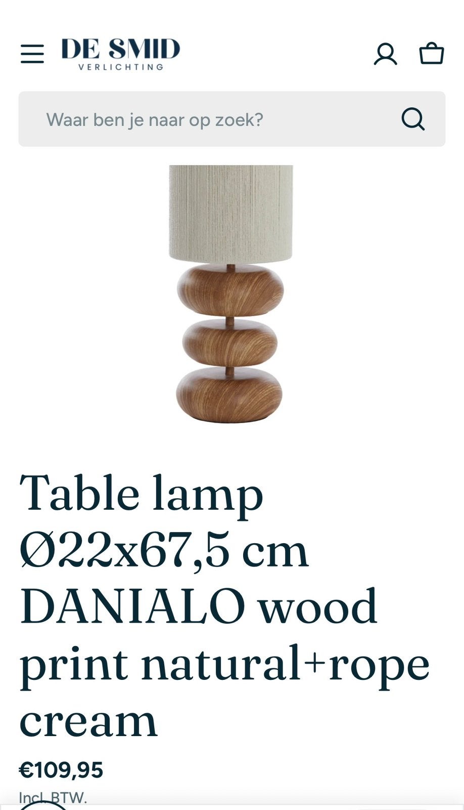 Twee Danialo tafellampen - wood print natural & rope cream, Ophalen, Zo goed als nieuw, Meerkleurig, Hout