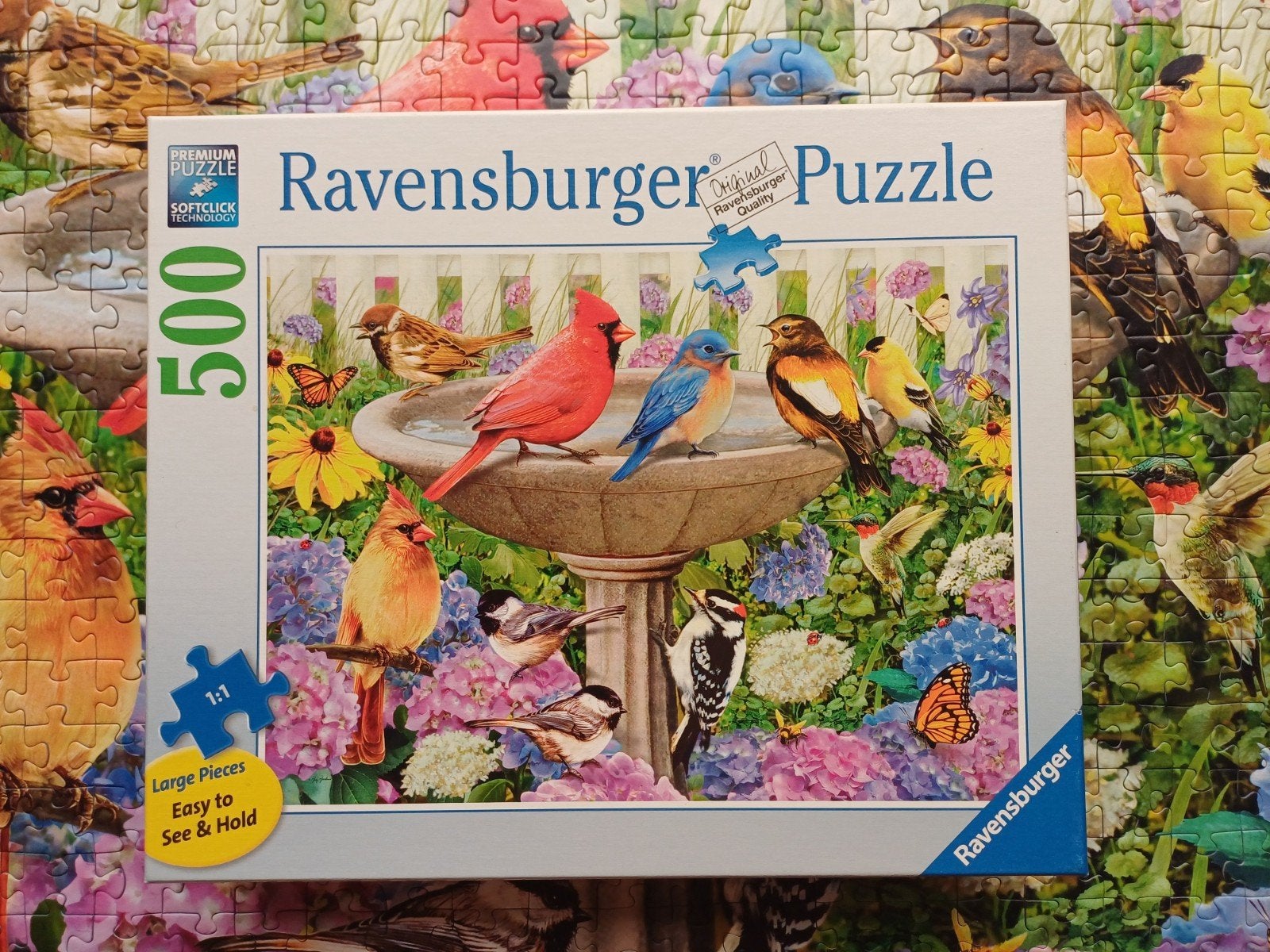 Puzzel 500 grote stukjes Ravensburger, Vogelbadje, Ophalen of Verzenden, 500 t/m 1500 stukjes, Zo goed als nieuw, Legpuzzel