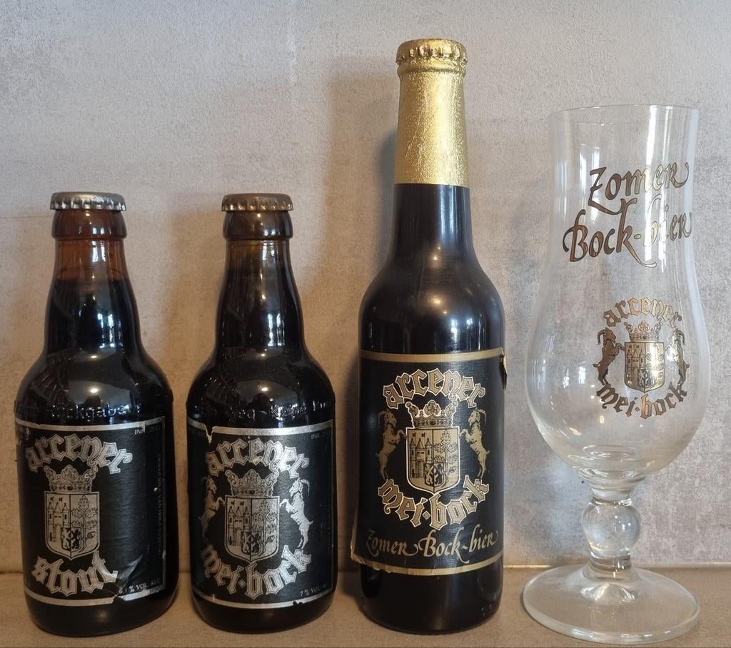 Arcener: Stout '84, Mei Bock '83 & '90 + glas '83-'89, Ophalen of Verzenden, Gebruikt, Flesje(s), Hertog Jan