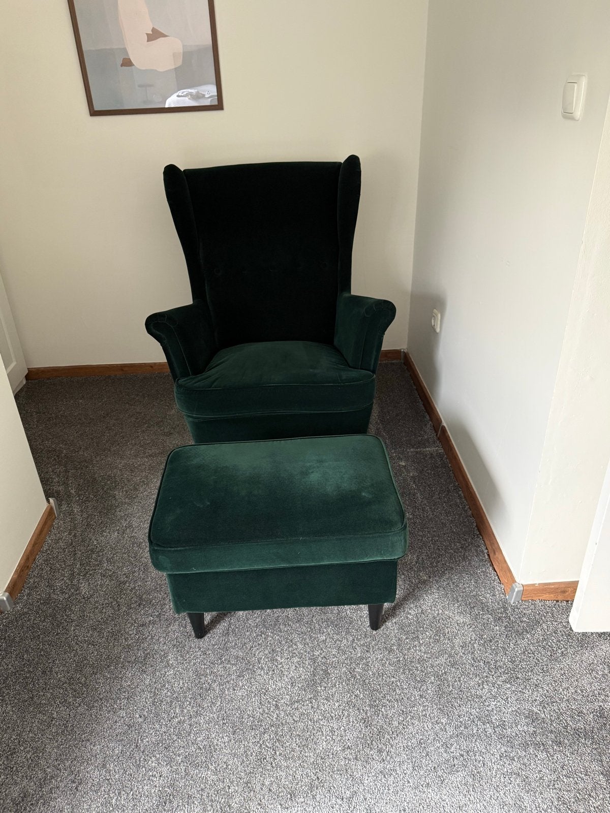 Ikea fauteuil met voetenbank - Donkergroen fluweel, Ophalen, Gebruikt, Stof, 75 tot 100 cm