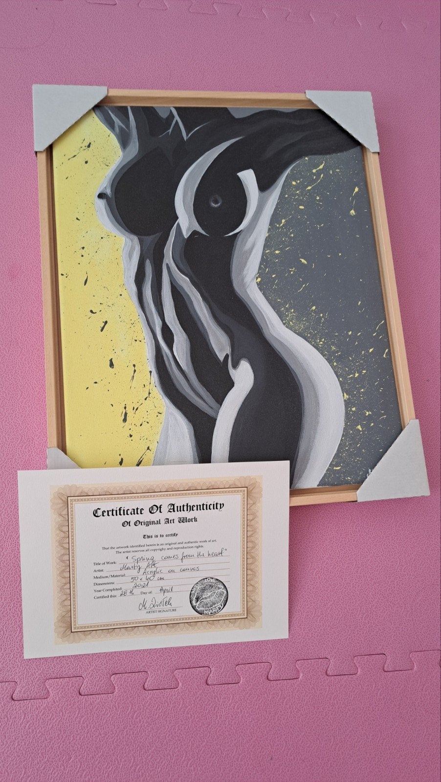 Schilderij vrouwelijk lichaam geel-grijs, Antiek en Kunst, Kunst | Beelden en Houtsnijwerken, Ophalen