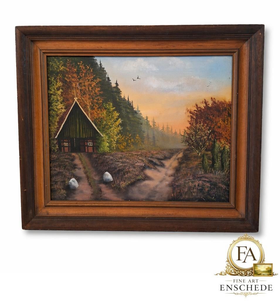 Schilderij: Boslandschap met hut en heide, Antiek en Kunst, Ophalen of Verzenden