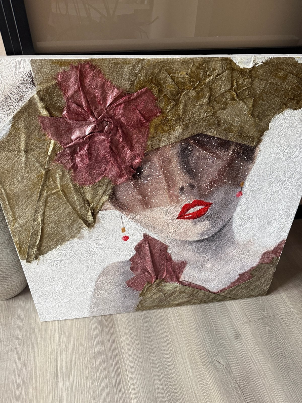 Nieuw! Modern Schilderij Vrouw met Rode Lippen en Textuur, Ophalen, Handgeschilderd, Gemengde techniek, Portret