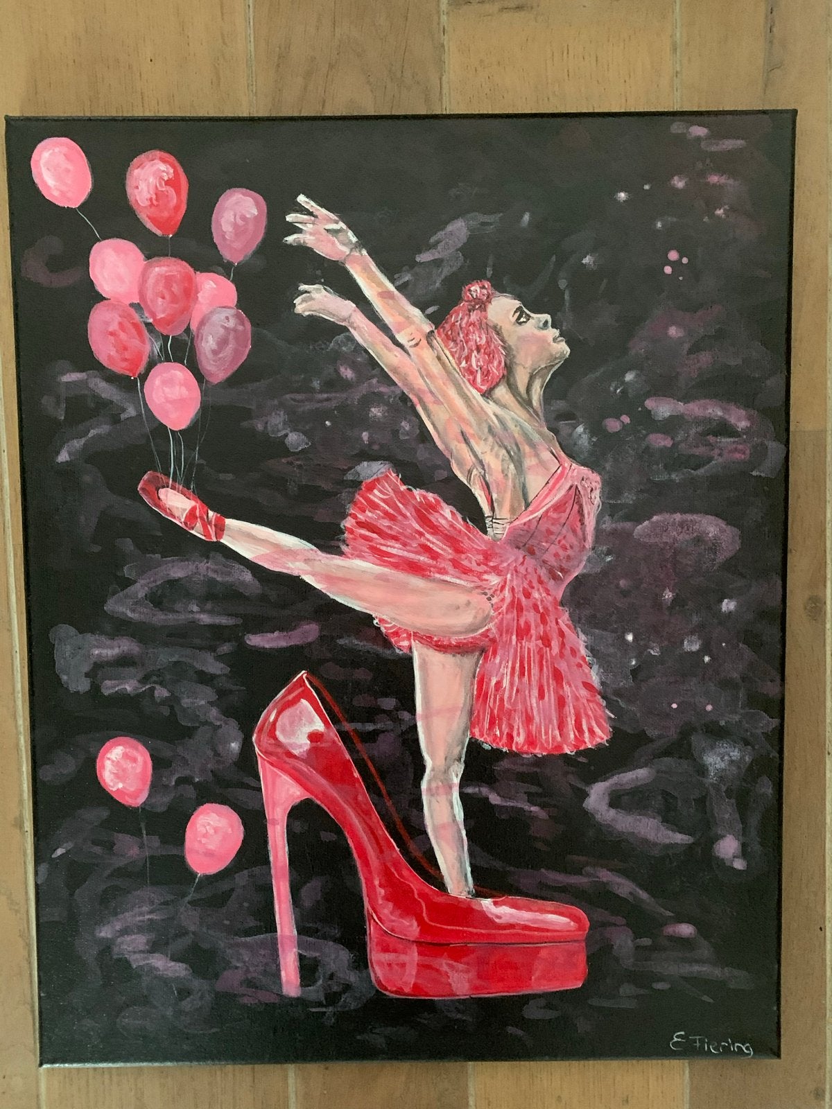 Ballerina met rode hakken en ballonnen - Acryl op doek, Antiek en Kunst, Kunst | Schilderijen | Modern, Textiel, Figuren, Acrylverf