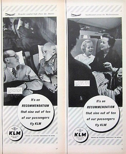 24 vintage advertenties reclames KLM vliegmaatschappij 54-77, Ophalen of Verzenden, Gebruikt, Kaart, Foto of Prent