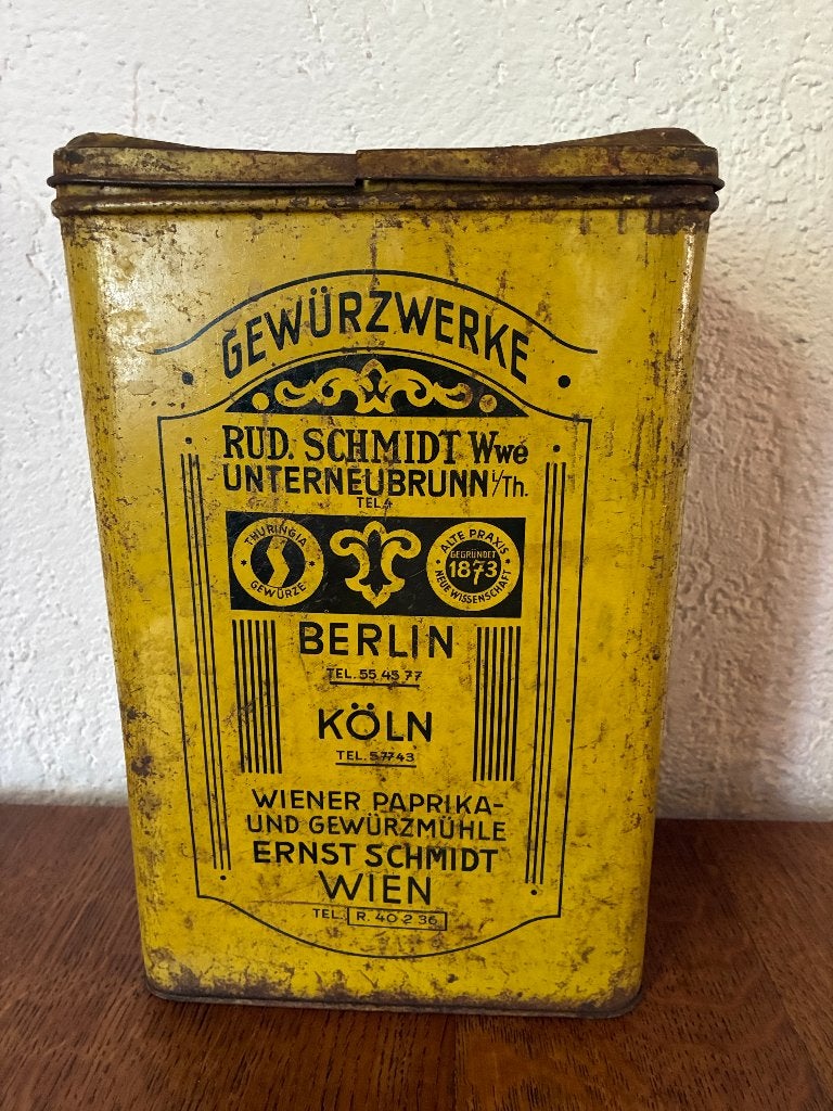 Vintage antiek groot geel blik Gewürzwerke kruiden, Verzamelen, Blikken, Ophalen of Verzenden, Gebruikt, Overige