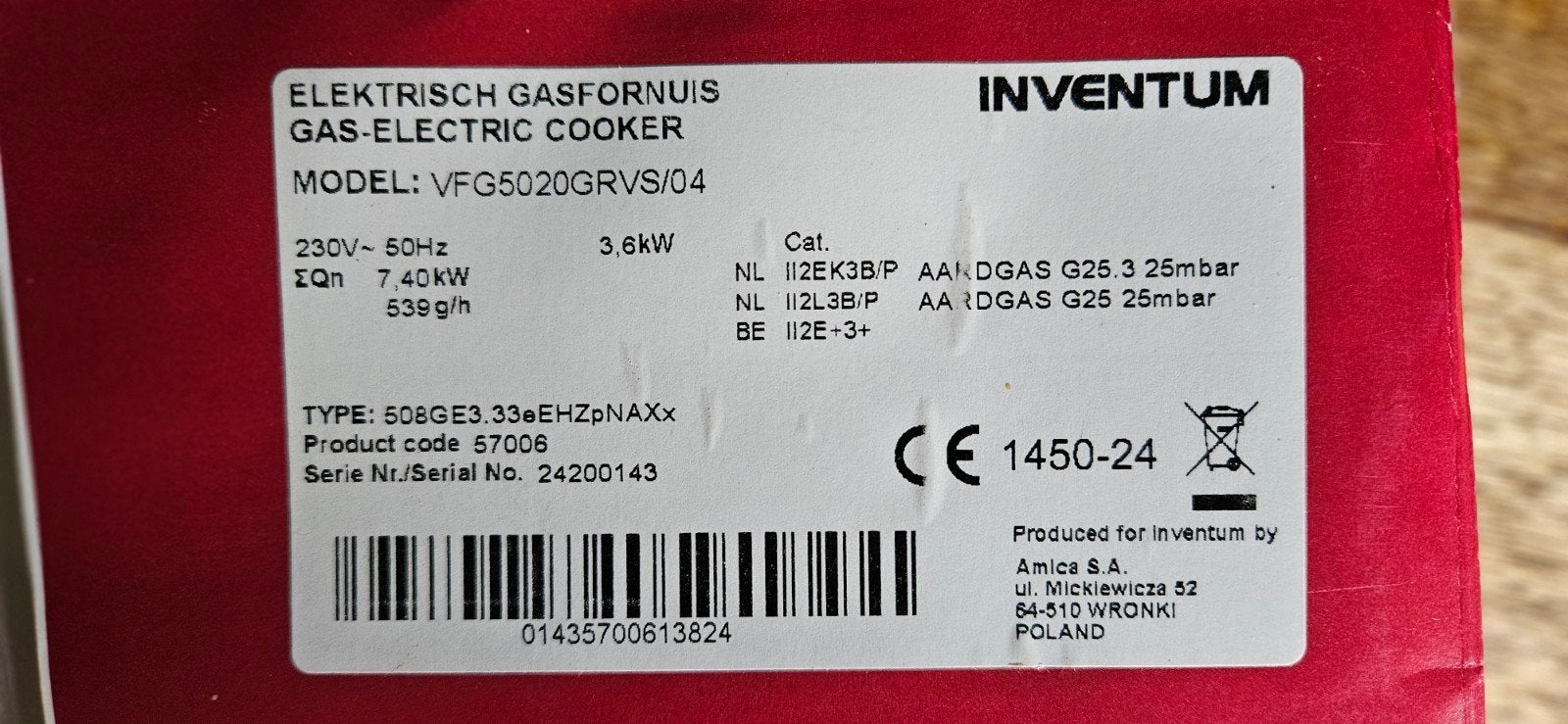 Inventum Elektrisch Gasfornuis 50cm - ZGAN, Witgoed en Apparatuur, Fornuizen, Ophalen, 4 kookzones, Zo goed als nieuw, Gas