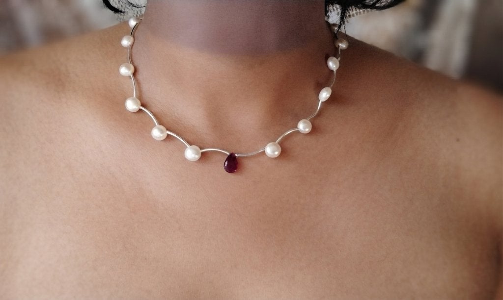Prachtige Ketting Uniek Sterling Zilver Parels Robijn, Sieraden, Tassen en Uiterlijk, Kettingen, Nieuw, Ophalen of Verzenden, Steen of Mineraal