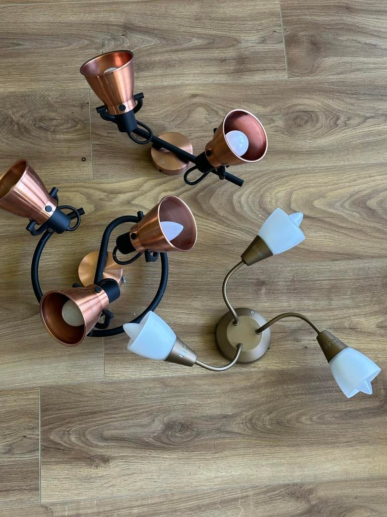 Set van 2 plafondlampen: koperen spots en messing met glas, Ophalen of Verzenden, Zo goed als nieuw, Glas