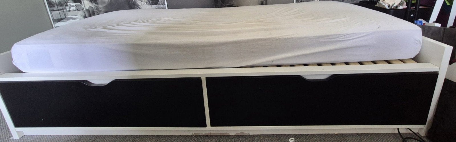 Eenpersoonsbed met opberglades - Wit/Zwart, Huis en Inrichting, Ophalen, Gebruikt, 90 cm, Eenpersoons
